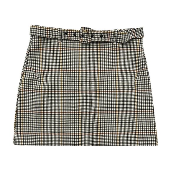 Mango MNG Plaid Belted‎ Mini Skirt Tan Size 6 Academia Preppy Clueless Old Money - Picture 1 of 10